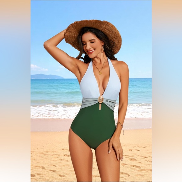 Eagerbuy Green and Light Blue Colorblock Swimsuit - Picture 5 of 13